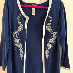 Bob Mackie Navy and White Peacock Embroidered Open Cardigan